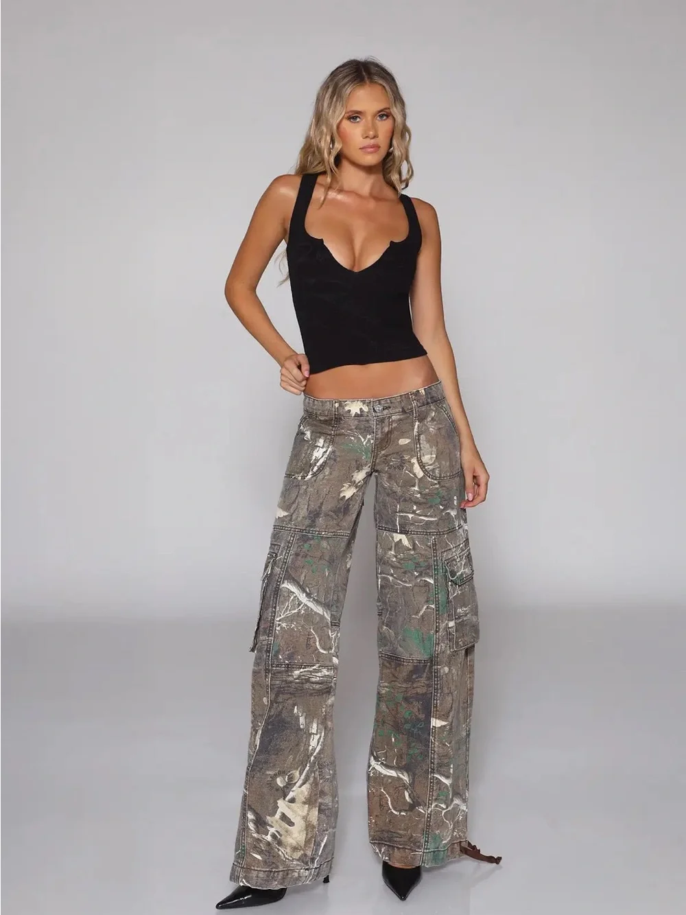 REVICE Camouflage Wide Leg Cargo Jeans in Brown & Green
